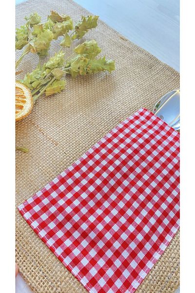 White Alamode Seria Gingham Red White Squared Jute American Service Set de 4
