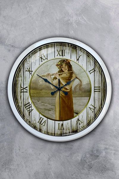 Kasva Concept Gift 40 cm White Metal Girl Playing Flute Wall Clock