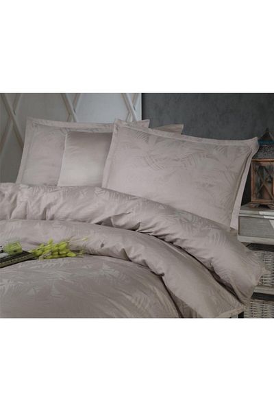 Clasy Jacquard Double Cotton Satin Duvet Cover Set Island V2 Beige