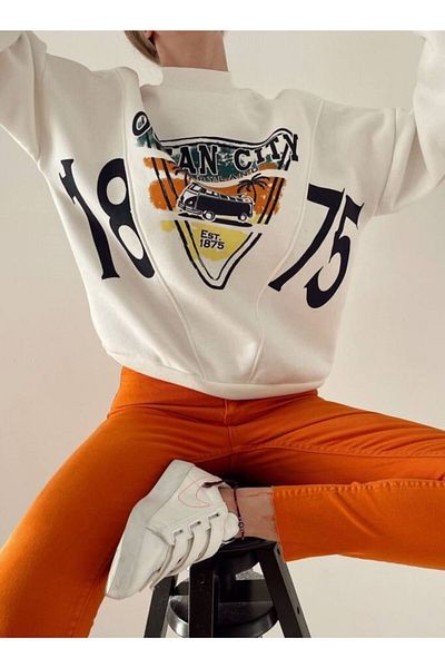 dükkan10butika Γυναικείο Ocean Printed Fleece Εσωτερικό Ιδρώτα Λευκό