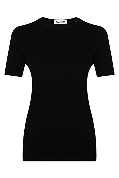 mis-san Siyah Bisiklet Yaka Kısa Kol Basic Viscon Badi