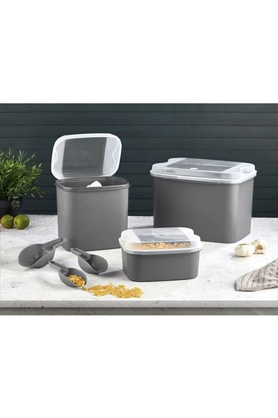 VİP AHMET Fairy Tale Flour and Pulses Container 10 Lt + 4.5 Lt + 1.6 Lt Gray Storage Container with Shovel Gift
