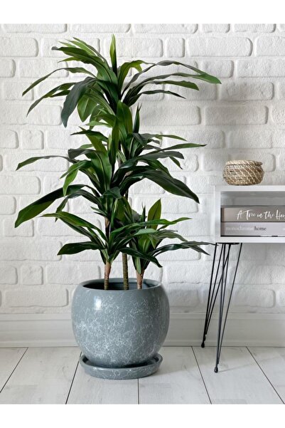 odka 40litre Küre Saksı Tabaklı 37cmx37cm Mia Seri Füme Mermer Desenli