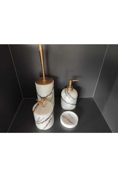 Polen Stone Lilac Marble Liquid Soap Dispenser, Cotton Dispenser, WC Brush Holder, Solid Soap Dispenser - Roz Gold
