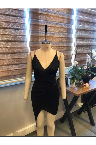 Secret Passion Lingerie Guler dublu piept Croi asimetric Bretele subtiri Tesatura creponata flexibila Rochie mini neagra Rochie de seara 073
