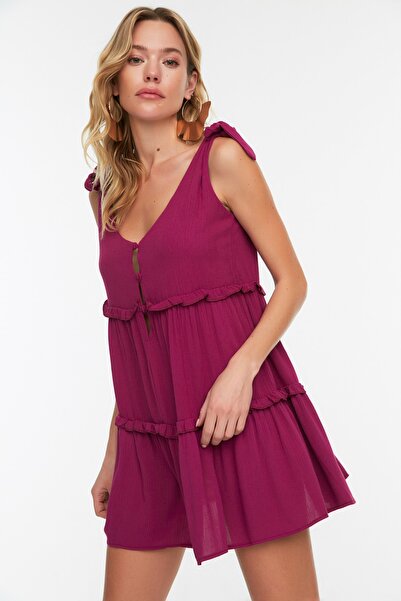 Trendyol Collection Fuchsia Mini-Strandkleid mit gewebten Rüschen TBESS21EL3620