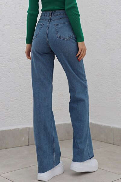 Livik Power Lycra Women's Mid Blue Snow Wash Super High Waist Lycra Loose Leg Denim Jeans