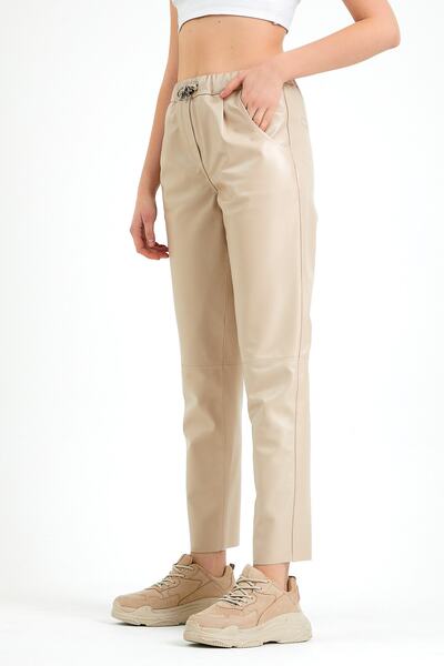 Leather Club Krem Comfort Fit Deri Pantolon