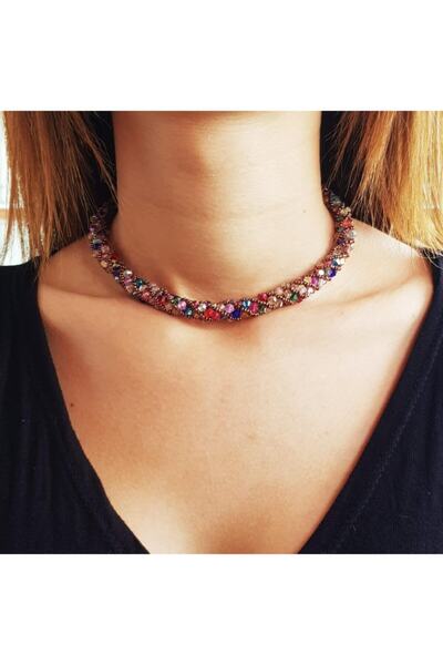 Handmade By HLY El Yapımı Karışık Kristal Renkli Kolye