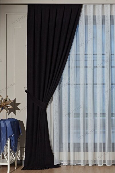 Beythome Siyah Soft Kadife Fon Perde - Pileli Tek Kanat X 2,5 Sık Pile