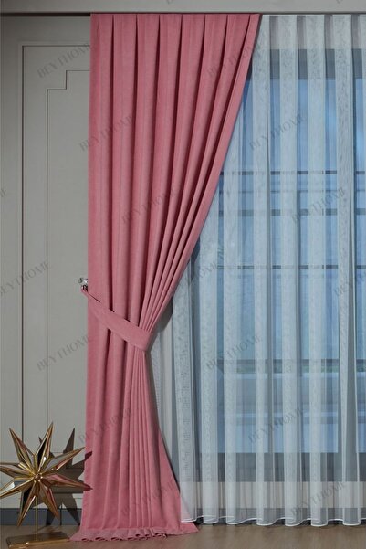Beythome Pembe Soft Kadife Fon Perde - Pileli Tek Kanat
