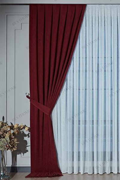 Beythome Bordo Soft Kadife Fon Perde Pileli Tek Kanat X 2,5 Sık Pile