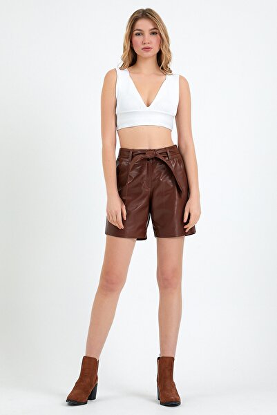 Leather Club Kahve Mini Deri Şort