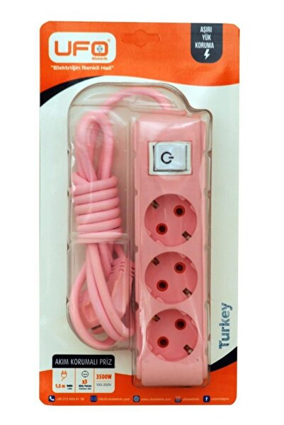 UFO Akım Korumalı Anahtarlı 1,5 Metre Pembe Renkli Üçlü Priz