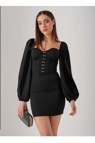 Secret Passion Lingerie Black Flexible Fabric Balloon Sleeve Hook Detailed Alessi Dress Mini Dress Evening Dress and Graduation Dress 672