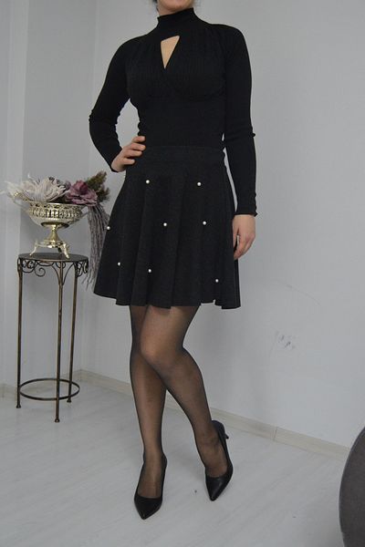 NKTCOLLECTİON Fustă mini de damă cu perle negre cu detalii din material Ecrin Nkt-emr-582038