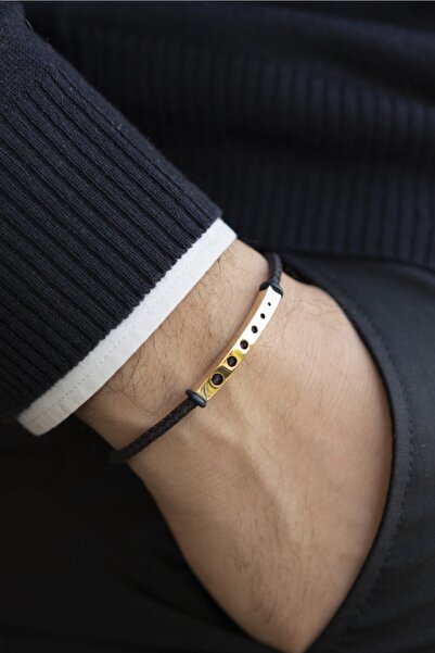 Cenova Kuyumculuk Çift Renk Örme Deri Kordonlu Ve 14 Ayar Altın Erkek Bileklik