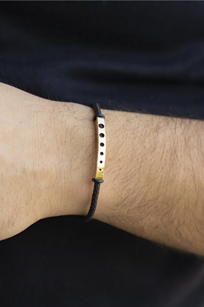 Cenova Kuyumculuk Çift Renk Örme Deri Kordonlu Ve 14 Ayar Altın Erkek Bileklik