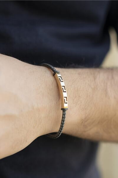 Uşaklıhafız 1945 Örme Gümüş Renk Deri Kordonlu Ve 14 Ayar Altın Erkek Bilekliği