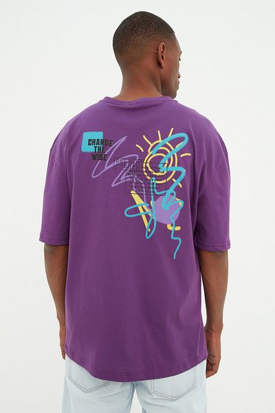 Trendyol Collection Lila túlméretes szöveggel nyomtatott pamut póló - TMNSS21TS3438