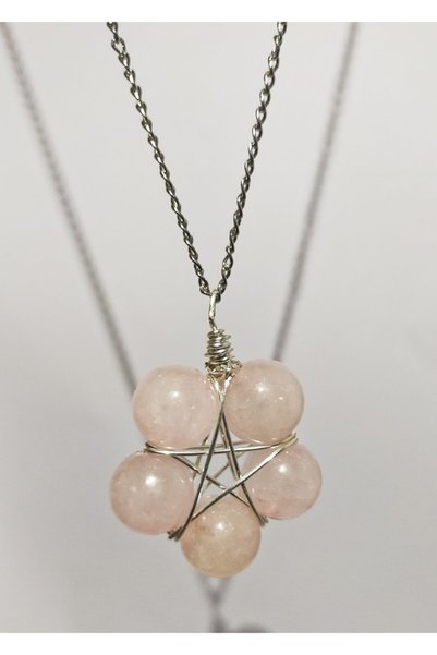 Mıçı takı silver Pink Quartz Necklace with Natural Stone Protection Symbol Ha...