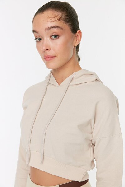 Trendyol Collection Stone Crop fleece s kapucí uvnitř pletená sportovní mikina TWOAW21SW0662