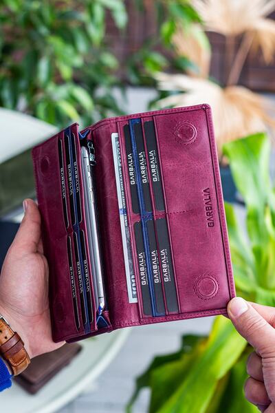 Garbalia Unisex Claret Red Hamburg Genuine Leather Hand Handle Crazy Claret Red Portfolio Wallet with Magnetic Phone Compartment