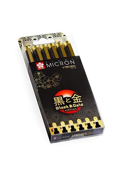 Mandalart Fabric Micron Technical Pen Sets, 100th Anniversary Gold Series, Pigma Black Ink, Set of 6