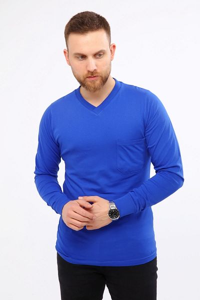Çamdalı İş Elbiseleri V-Neck Saks Blue Long Sleeve Sweatshirt Single Jersey Business T-Shirt T-Shirt