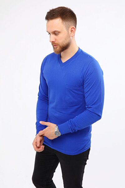 Çamdalı İş Elbiseleri Tricou cu decolteu în V Saks albastru cu mânecă lungă Tricou de afaceri din jerseu simplu