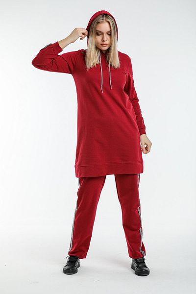 CNG MODA Women's Hijab Claret Red Hooded Sleeve Striped Tracksuit Set