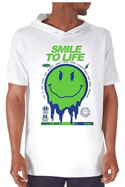 ROCKANDROLL Hayata Gülümse Beyaz Kapşonlu Kısa Kollu Erkek T-shirt