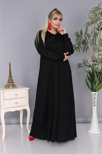 Mezura Women's Tie Collar Long Sleeve Hijab Suitable Long Viscose Combed Cotton Dress