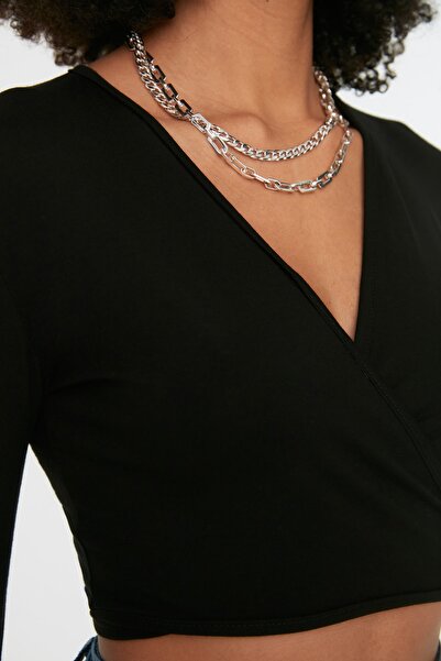Trendyol Collection Μαύρη πλεκτή μπλούζα με διπλό στήθος με λαιμόκοψη, ελαστική, TWOSS21BZ0446