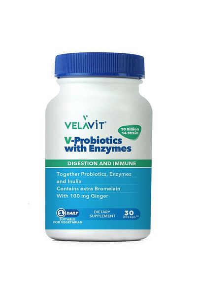 Velavit V-Probiotics 30 Capsules - Food Supplement Containing Enzyme, Inulin and Ginger