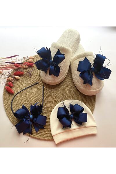 irembaby Anne Bebek Lohusa Seti Lacivert Tüylü Fiyonk Lohusa Tacı Terlik Ve B...