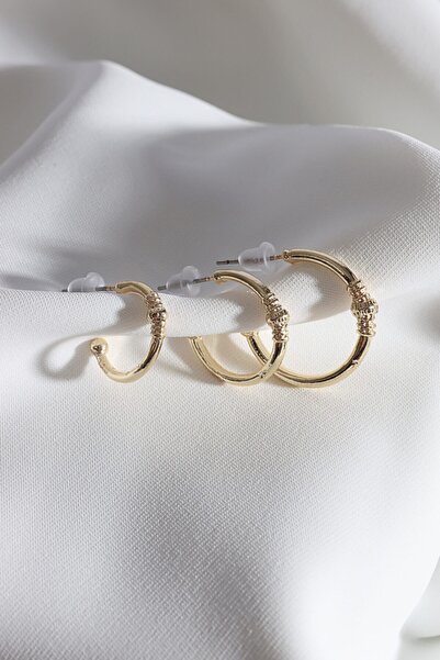 Süspüs Accessories Kadın 3'lü Gold Halka Küpe Set