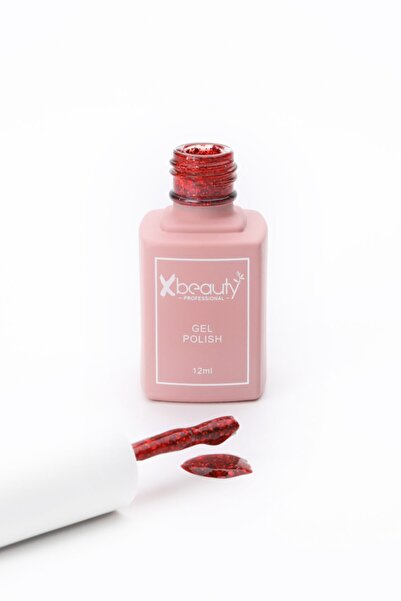 XBEAUTY Kalıcı Oje (GEL POLISH) 12 ml Kırmızı Simli Ve Pullu No:174