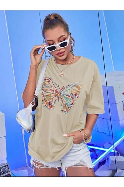 Harmandar Πολύχρωμο μπλουζάκι Butterfly Digital Printed Unisex Μπεζ - Μαύρο Oversize