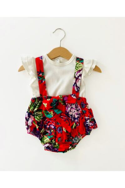 COLORED BABY Kız Bebek Arkası Fırfırlı Çiçekli Tulum Ve Beyaz Tişört