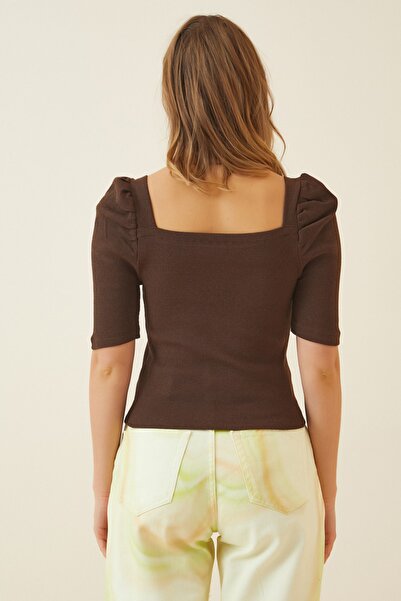 Happiness İstanbul Γυναικεία Καφέ Μπλούζα με τετράγωνο λαιμό με ραβδώσεις Crop GT00007