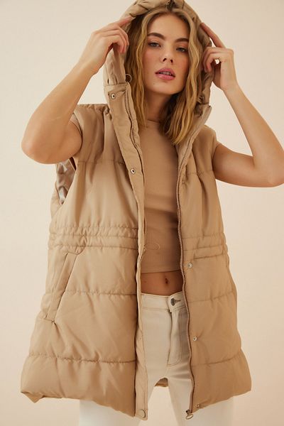 Happiness İstanbul Γυναικείο Κρεμ με κουκούλα Oversize Long Puffer Γιλέκο RV00017