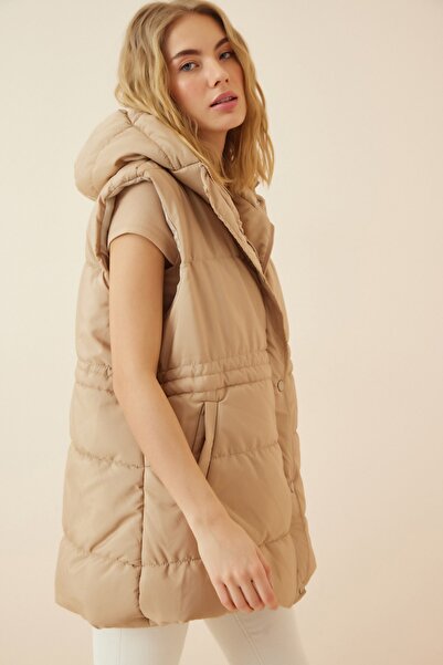 Happiness İstanbul Női krémszínű kapucnis Oversize hosszú puffermellény RV00017