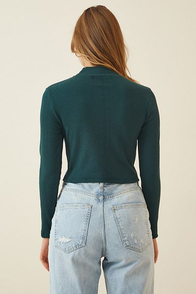 Happiness İstanbul Women's Green Corded Turtleneck Crop Knitted Blouse GT00059