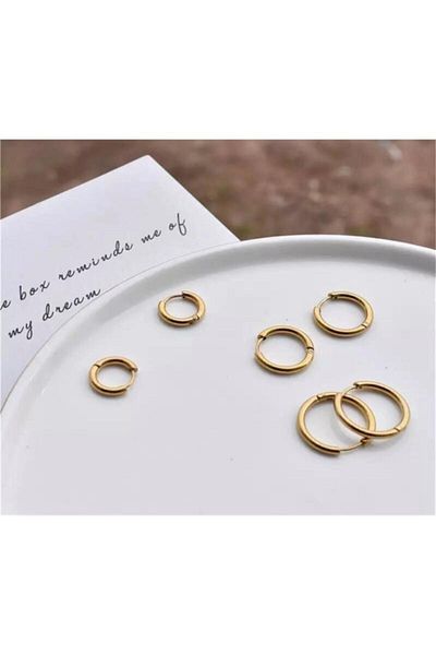 Yeşim Aksesuar Women's Gold Color Surgical Steel 3 Pair Set Hoop Earrings