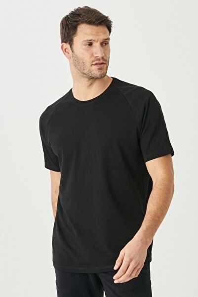 AC&Co / Altınyıldız Classics Schwarzes, flexibles Slim-Fit-T-Shirt aus Baumwolle mit Rundhalsausschnitt und schmaler Passform für Herren