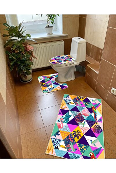Modern home Renkli Figürlü 3'lü Set Banyo Paspası, Klozet Takımı Kaymaz Taban...
