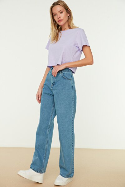 Trendyol Collection Μπλε ψηλόμεσο φαρδύ τζιν TWOAW22JE0794