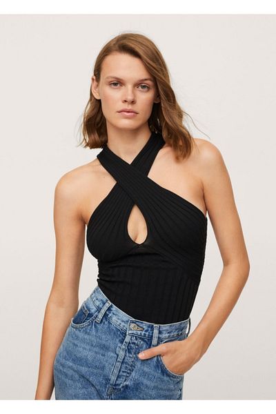 MANGO Woman Top negru cu cordon în cruce pentru femei