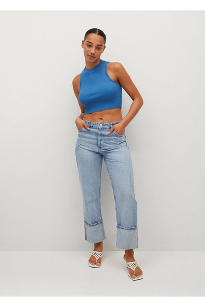 MANGO Woman Women's Blue Ribbed Crop Top
